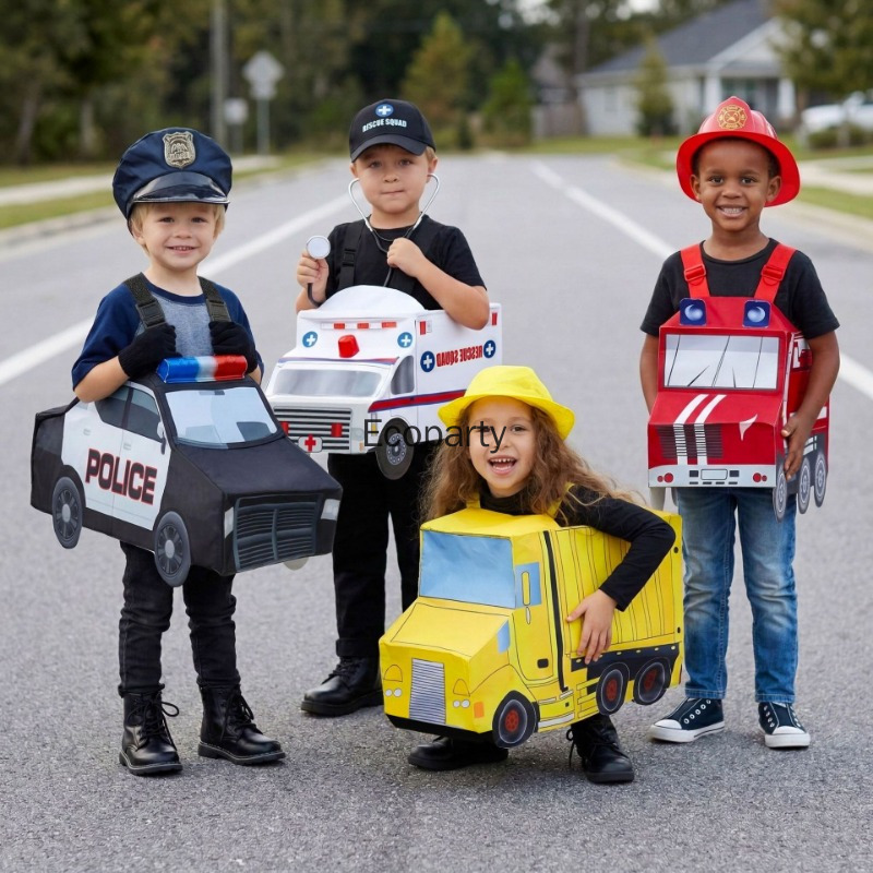 Cosplay Fire Prop - 子供用面白い消防車救急車コスチューム男の子女の子消防士トラックカーコスプレカバーオール帽子付きハロウィンパフォーマンス衣装