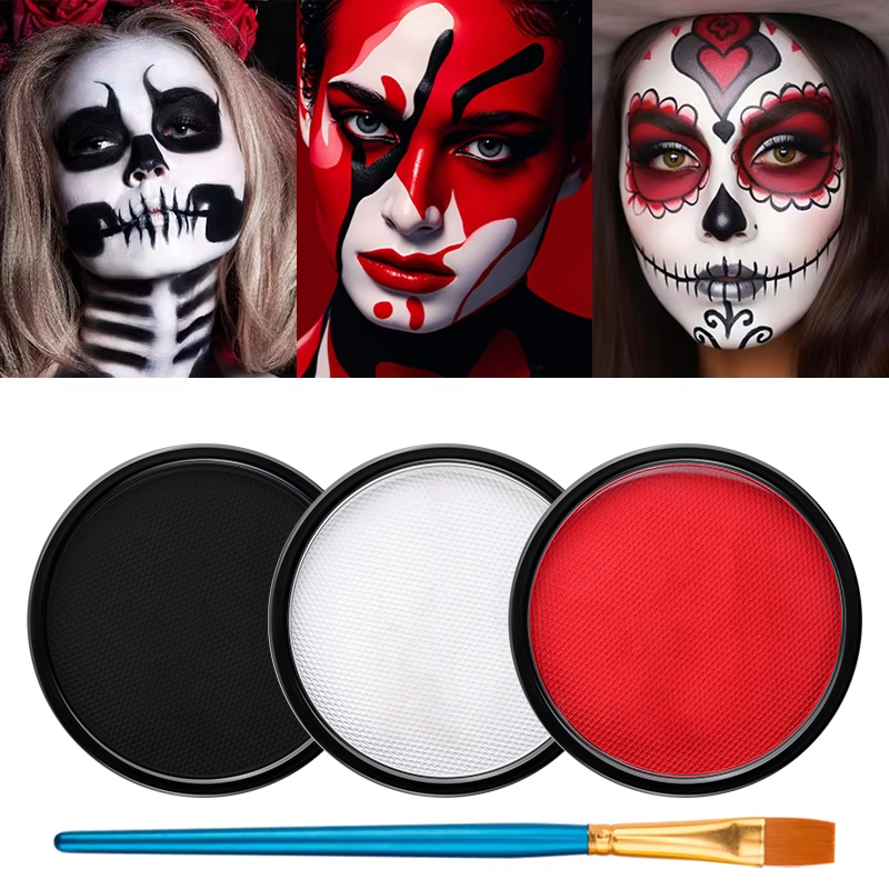 Cosplay Prop Paint - 3色（黒、白、赤）の水性フェイスペイントセット（無料ブラシ付き）、ハロウィン、スカルパーティー、ステージコスプレ用ボディ顔料